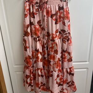 Sincerely Jules Floral Tiered Midi Skirt Large Pink Rust Boho Lined